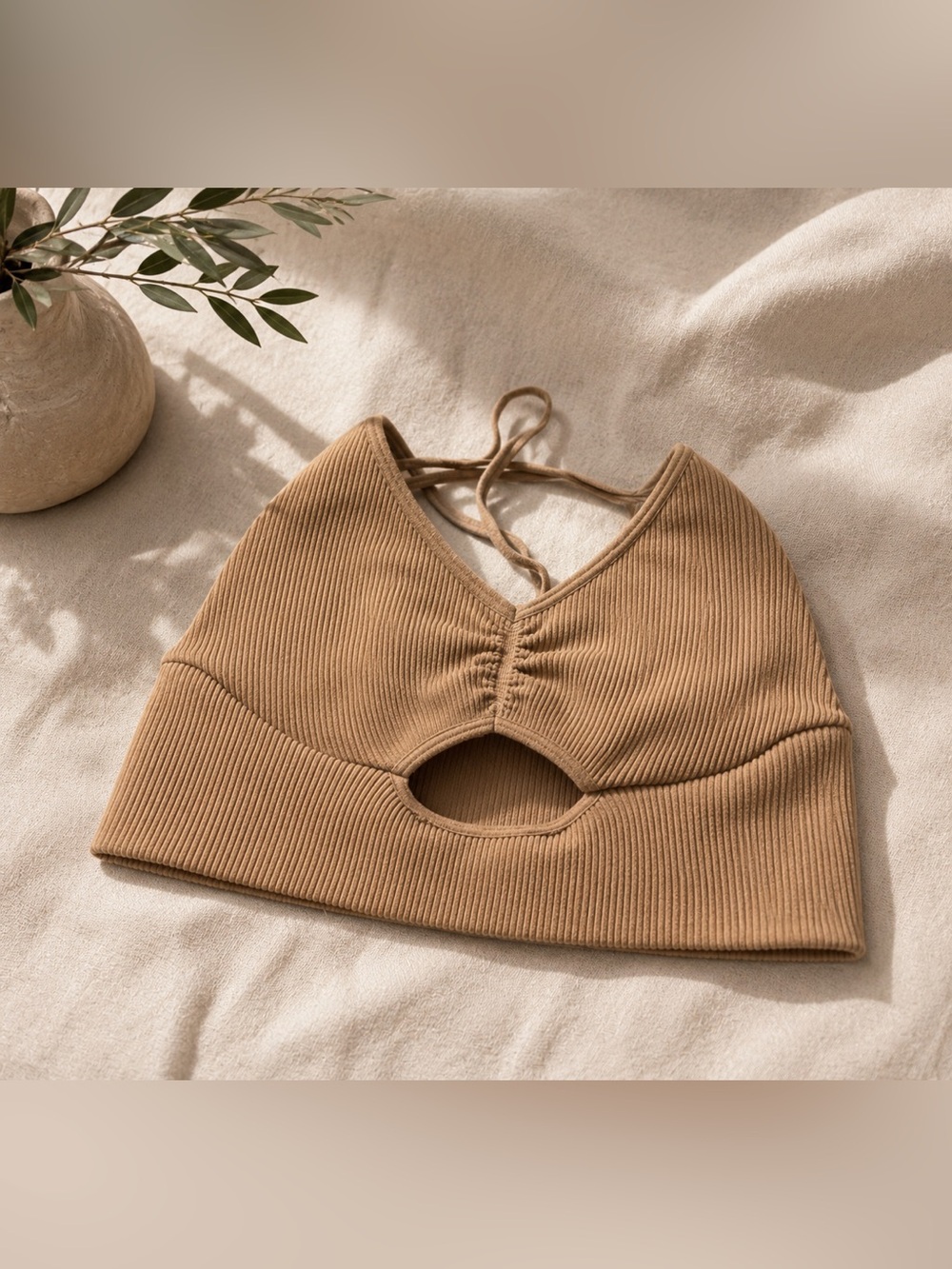 Tan Ribbed Crop Top with Cut-Out Design
